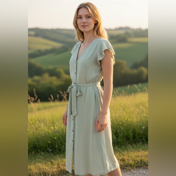 Suzy Shier Dresses & Skirts - Suzy Shier Light Green Maxi Dress with Buttons and tie waist large